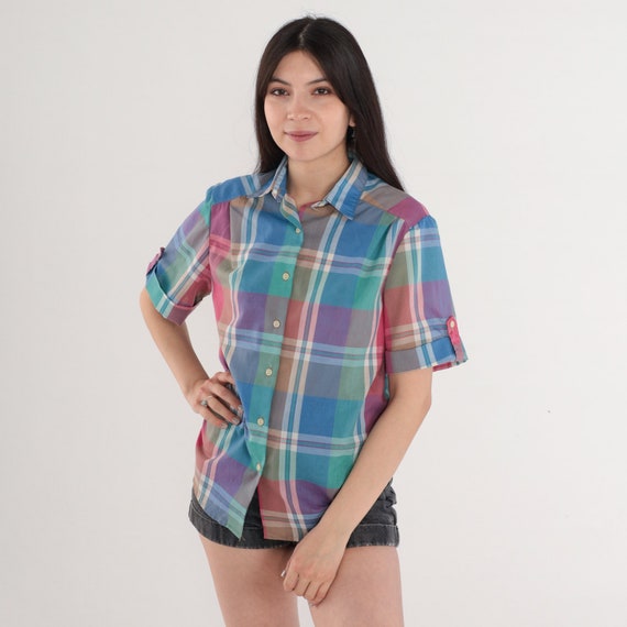 Checkered Blouse 80s Button Up Shirt Blue Green Pink Plaid Print Retro Preppy Short Tab Cuffed Sleeve Collared Top Vintage 1980s Medium M