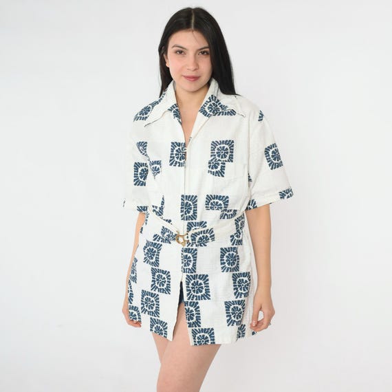 Vintage 70s Iolani Hawaii Shirt Navy White Cotton Zip Up Front Geometric Sunburst Print Short Sleeve Aloha Tiki Surf Top Belted Large