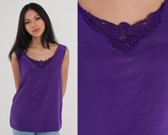 Purple Camisole 90s Cami Lingerie Tank Top Floral Lace Applique Sleeveless Romantic Sleep Shirt Loungewear Simple Vintage 1990s Medium