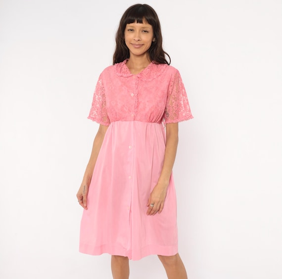 Pink Lace Dress 80s Button Front Housecoat Rose Floral Sheer Bodice Short Sleeve Coquette Feminine Nightgown Blush Lingerie Vintage Large L