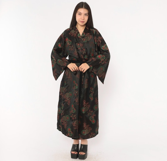 70s Black Kimono Robe Olive Red Brocade Floral Medallion Wrap Duster Belted Tie Waist Wide Sleeve Housecoat Loungewear Vintage Medium M