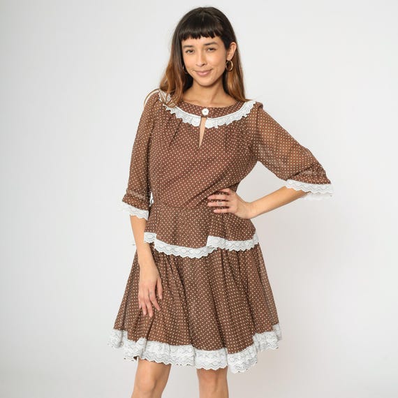 70s Brown Polka Dot Prairie Dress Boho Mini Dress Country Square Dance Cottagecore Minidress High Waist Vintage Bohemian White Medium M