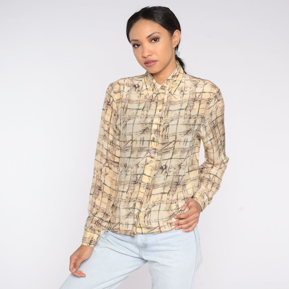 Silk Button Up Shirt 90s Abstract Tile Print Blouse Button Up Checkered Collar Long Sleeve Top Retro Yellow Boho Vintage 1990s Small S