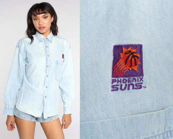 Phoenix Suns Shirt Blue Denim Shirt 90s Shirt NBA Basketball Jean Shirt Arizona Button Up Top Vintage 1990s Long Sleeve Blue Small S