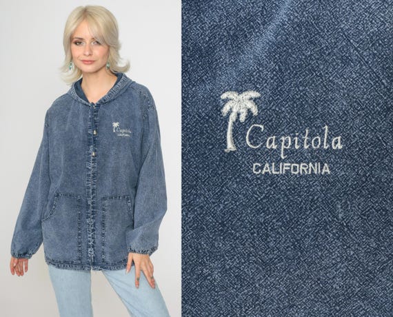 Vintage 90s Denim Hooded Jacket Capitola California Embroidered Blue Full Zip Hoodie Acid Wash 1990s Soft Denim Extra Large xl