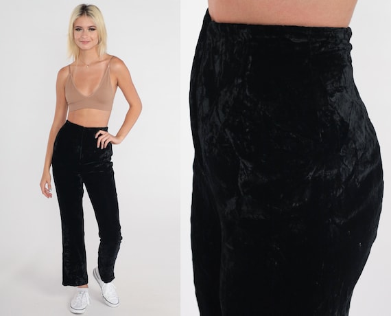 Black Velvet Pants 90s Boot Cut Trousers High Wai… - image 1