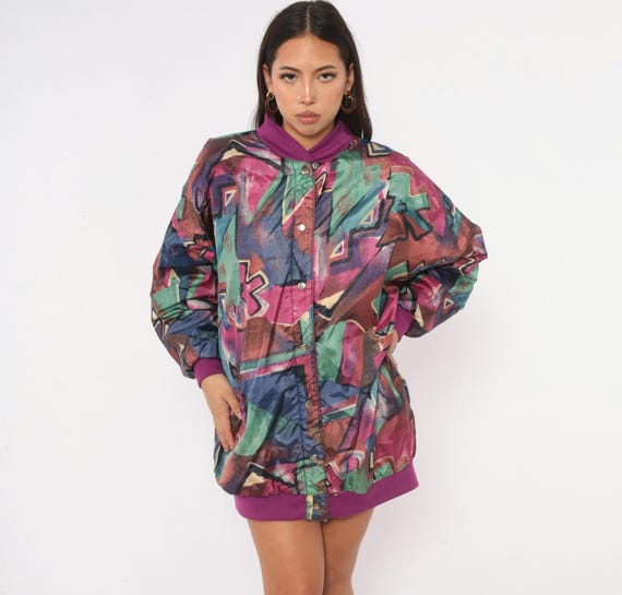 80s Abstract Print Reversible Bomber Jacket Purple Green Snap Front Geometric Watercolor Cotton Ribbed Boxy Slouchy Coat Vintage Medium M