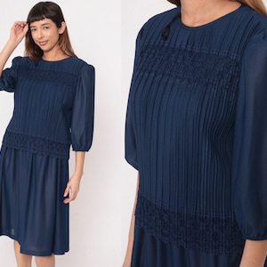 80s Pleated Dress Dark Blue Lace Trim Midi Dress Puff Sleeve Dress Navy Granny Drop Waist Semi-Sheer 1980s 3/4 Sleeve Vintage Petite Medium