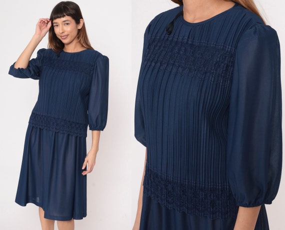 80s Pleated Dress Dark Blue Lace Trim Midi Dress Puff Sleeve Dress Navy Granny Drop Waist Semi-Sheer 1980s 3/4 Sleeve Vintage Petite Medium