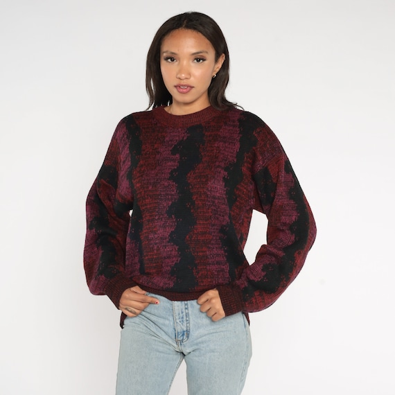 80s Sweater Black Dark Pink Knit Pullover Sweater Wavy Striped Geometric Print Crewneck Jumper Boho Fall Acrylic Vintage 1980s Medium