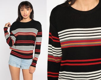 Black Striped Sweater Knit Sweater 80s Pullover Sweater Crewneck Retro Nerd Slouch Jumper Vintage Large