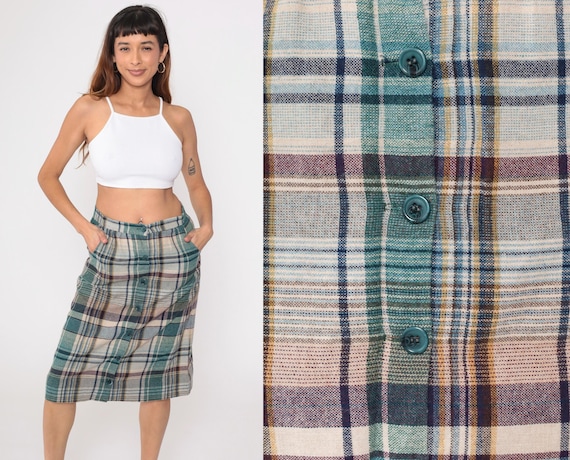 70s Plaid Midi Skirt Button Up High Waisted A-Line Preppy Checkered Green Retro 1970s Vintage Flared Medium
