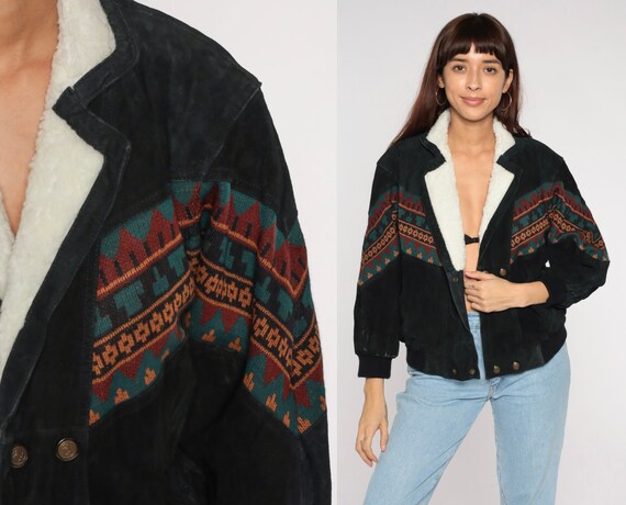 Southwestern Suede Jacket 90s Black Striped Leather Jacket Shearling Trim Double Breasted Snap Up Sherpa Coat Retro Vintage 80s Small S
