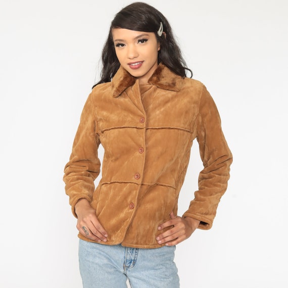 Faux Suede Jacket Y2K FAUX FUR Coat Brown Velour Hippie Boho Short 00s Womens Jacket Festival Bohemian Small Medium