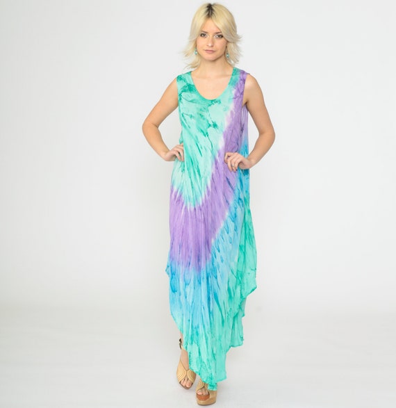 Asymmetrical Hem Tie-Dye Dress Sleeveless Sundress Boho Festival Wear 00s Aqua Purple Green Pastel Vintage 2000s High Low Sun Dress xl/xxl