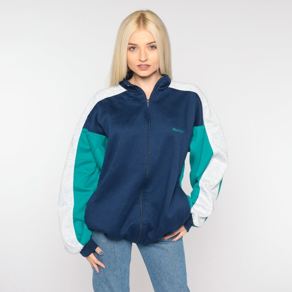Vintage 80s MacGregor Track Jacket Zip Up Sweatshirt Retro Blue Green Color Block Warm Up Jacket Sporty Streetwear 1980s Size Large L