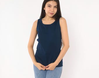 70s Navy Blue Tank Top Alex Colman Sleeveless Shell Blouse Dark Blue Shirt Vintage Summer Layering Tee Collegiate Preppy Extra Small XS