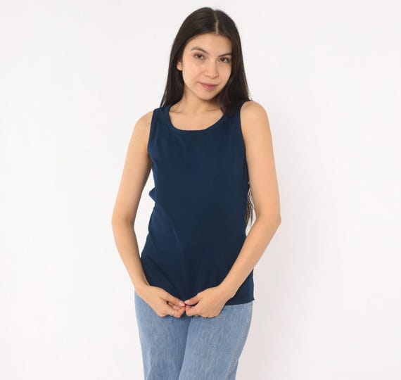 70s Navy Blue Tank Top Alex Colman Sleeveless Shell Blouse Dark Blue Shirt Vintage Summer Layering Tee Collegiate Preppy Extra Small XS