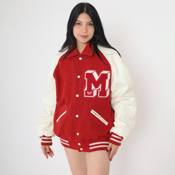Red Wool Letterman Jacket Y2K Varsity Jacket Vinyl Sleeves Bereuter Tennis Snap Up Bomber Baseball Sports Vintage 00s Maverick Men's Small S
