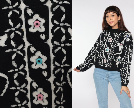 Black Floral Sweater 80s Sweater White Floral Graphic Print Grunge Knit Slouchy 1980s Pullover Vintage Jumper Black Acrylic Large