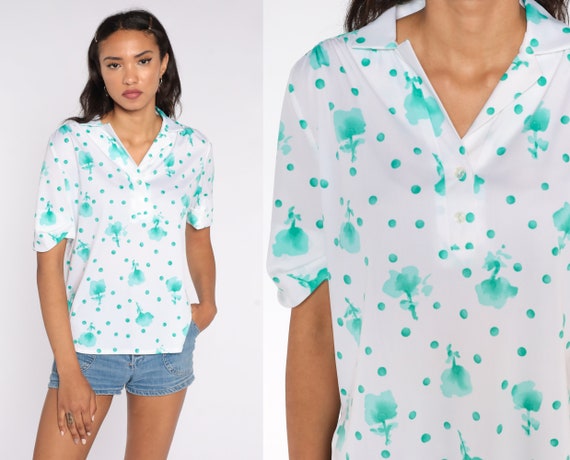White Floral Blouse 70s Tunic Top 70s Hippie Shirt Boho 1970s Bohemian Festival Boho Shirt Short Sleeve Blue Medium Large