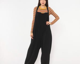 90s Black Overall Jumpsuit Wide Leg Button Strap Dungarees Pinafore Palazzo One Piece Romper Goth Plus Size Visual FX Extra Extra Large XXL