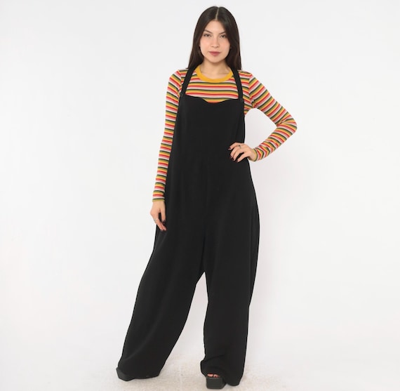 90s Black Overall Jumpsuit Wide Leg Button Strap Dungarees Pinafore Palazzo One Piece Romper Goth Plus Size Visual FX Extra Extra Large XXL
