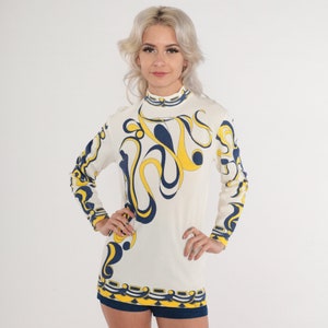 70s Psychedelic Blouse Mod Top Abstract Swirl Print Mock Neck Shirt Groovy Seventies Long Sleeve White Blue Yellow Vintage 1970s Small S image 2