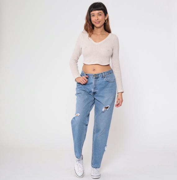 90s Old Navy Jeans High Waist Distressed Ripped Blue Denim Mom Jeans Vintage Grunge Y2K Baggy Straight Leg Boyfriend Light Wash Medium 31