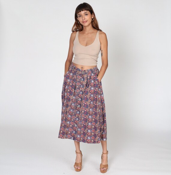 Tropical Floral Skirt 90s Pleated Midi Skirt High Waisted Button up A Line Summer Skirt Hibiscus Flower Print Vintage 1990s Gitano Small S