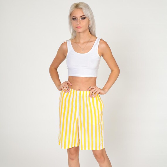 Vintage 90s Striped Shorts Yellow White Baggy Sportego Shorts Cotton Blend Lounge Sporty Athletic Surfer High Elastic Waist 1990s Small