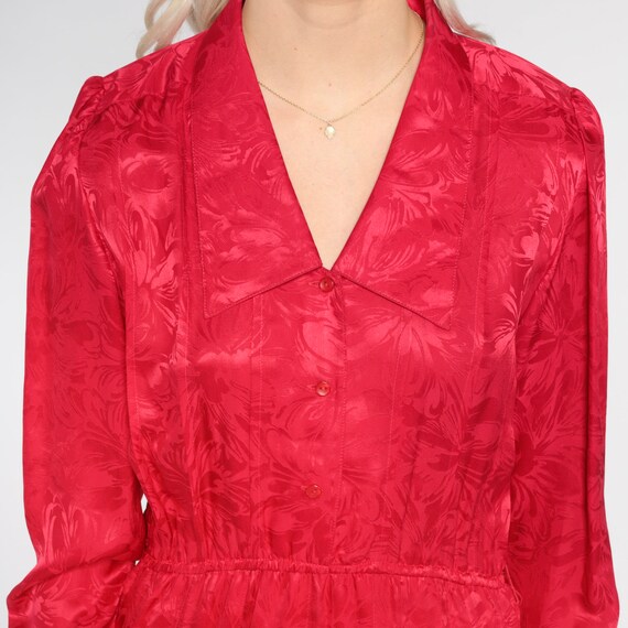 Red Silk Dress 80s Floral Midi Dress Shirtdress P… - image 5