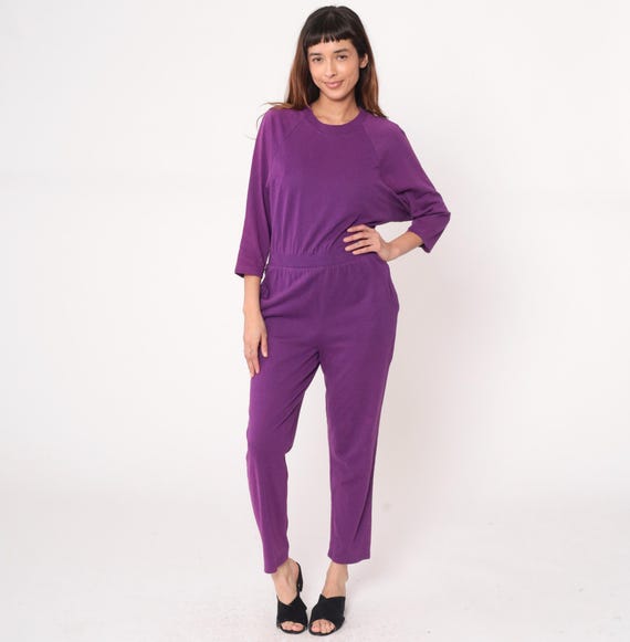90s Purple Jumpsuit Cotton Cropped Ankle Length Elastic Waist Three Quarter Sleeve Crew Neck Vintage Violet Tapered Pants One Piece Medium M