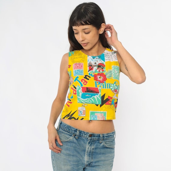 Travel Crop Top 90s Novelty Yellow Theme Postcard Palm Tropical Sleeveless Tank Vacation Colorful Souvenir New York Vintage Extra Small XS