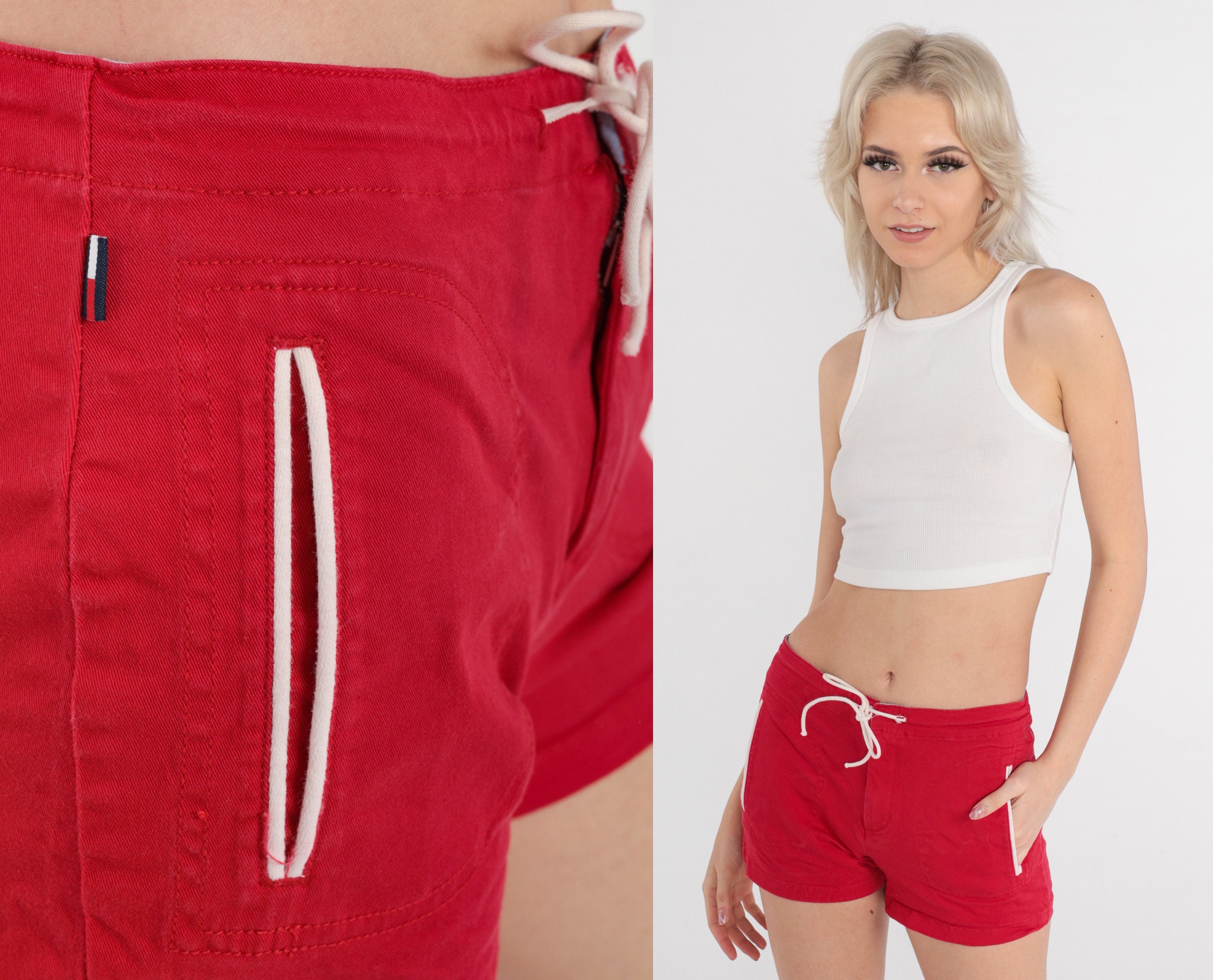 90s Tommy Hilfiger Shorts Red Shorts Plain Preppy Rise Waist Vintage Basic Summer 1990s Drawstring Extra Small xs