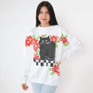 Cat Sweatshirt Lavender Floral Garden Kitten Sweater 80s
