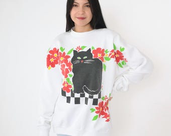 90s Cat Sweatshirt Floral Animal Graphic Sweatshirt Vintage 1990s White Red Black Kitty Print Crewneck Pullover Large L
