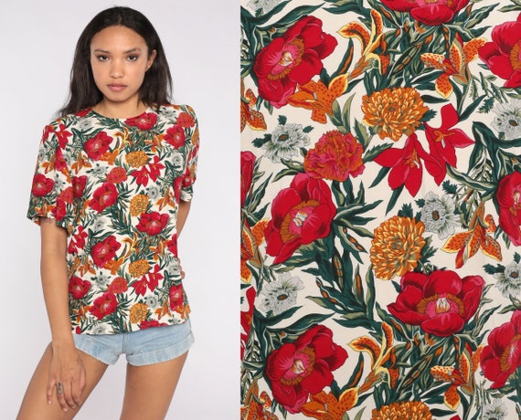 Floral Shirt 90s Flower Print Short Sleeve Blouse Garden Party Top Botanical Bohemian T Shirt Grunge Top Boho Retro 1990s Vintage Small S