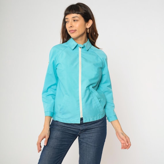 Vintage 60s Turquoise Jacket Bright Blue Zip Up Front Mod Cropped Workwear 1960s Rockabilly Lightweight Koret Of California Small Medium