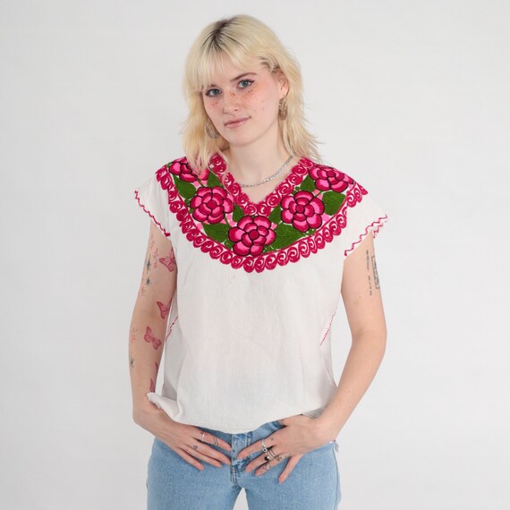 White Mexican Blouse Floral Embroidered Top Peasant Shirt Hippie Boho Cotton Tunic Bohemian Vintage Smock Pink Small S