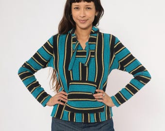 Baja Hoodie Striped Mexican Blanket Pullover Teal Black Gold Weave Kangaroo Pocket Surf Beach Hippie Drug Rug Poncho Cobalt Extra Small XS