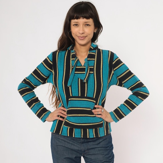 Baja Hoodie Striped Mexican Blanket Pullover Teal Black Gold Weave Kangaroo Pocket Surf Beach Hippie Drug Rug Poncho Cobalt Extra Small XS