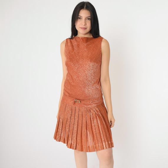 Vintage 60s Party Dress XS Metallic Mini Pleated 1960s Orange Cocktail Mod Drop Waist Sleeveless Evening Formal Rhinestone Extra Small