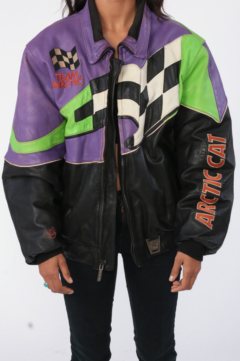 Leather Arctic Cat Jacket Neon Racing Jacket Moto Zip Up Jacket Motorcycle Jacket Black 90s Striped Retro Vintage Black Purple Green Large