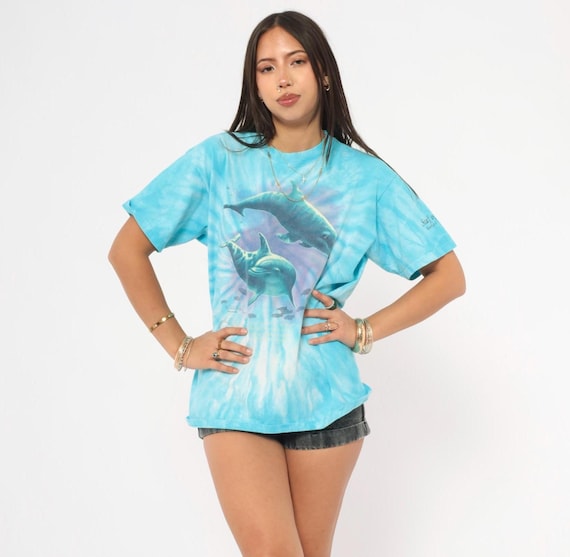 Tie Dye Dolphin Tee 90s Blue Purple Underwater Aqua Turquoise Ocean Sea Animal Lover Fish Dyed Short Sleeve Graphic Shirt Vintage Large L