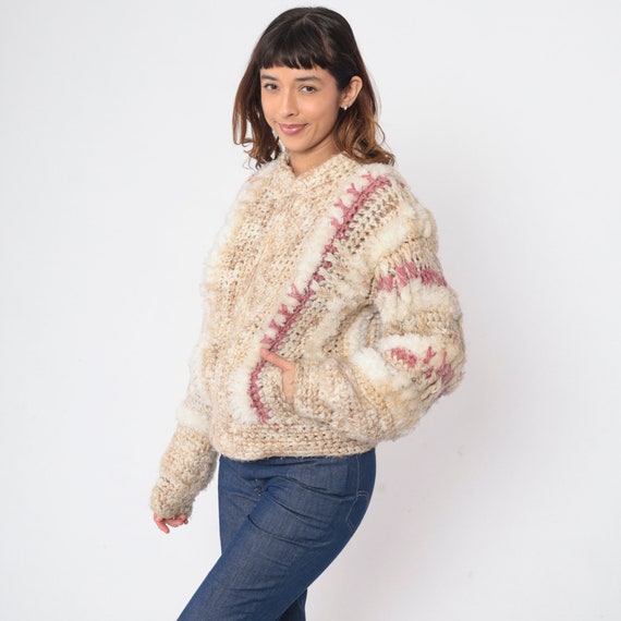 Chunky Knit Sweater 70s Zip Up Fuzzy Cardigan Tan… - image 4