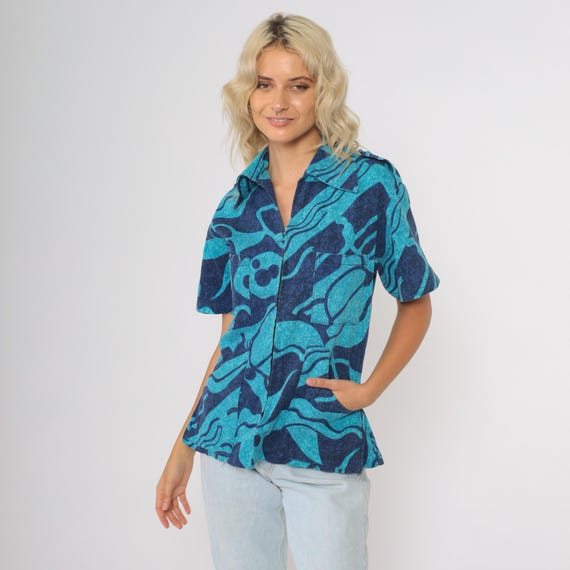 70s Hawaiian Blouse Turquoise Psychedelic Print Abstract Tiki Shirt Zip Up Vintage Groovy Surfer Disco Short Sleeve Trippy Wild Small S
