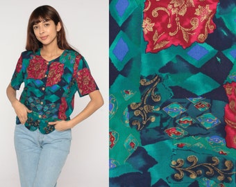 Statement Blouse 90s Abstract Floral Print Button up Top Short Sleeve Shirt Retro Geometric Summer Red Blue Green Vintage 1990s Rayon Small