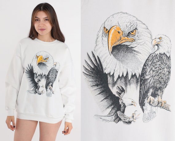 Eagle Sweatshirt 00s Bald EAGLE Shirt American Flag Graphic Sweatshirt Jumper Slouchy Team PFS Vintage White Y2K Hanes Heavyweight Large