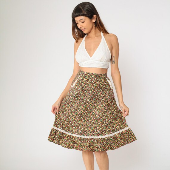 70s Floral Prairie Skirt Calico Midi Skirt Lace Tiered Ruffled High Waisted Flower Print Boho Hippie Seventies Summer Vintage 1970s Small S